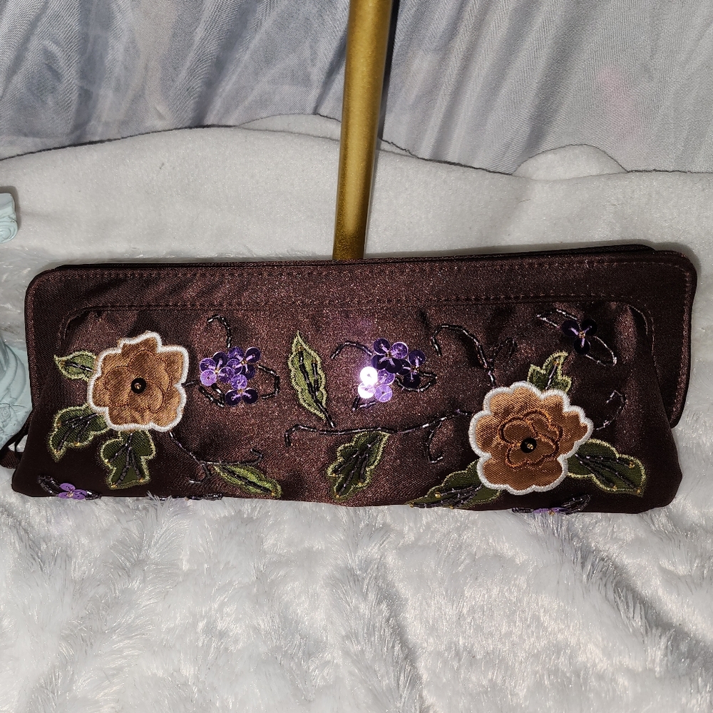 AVON Flowered Applique Design, Satin Brown, Hand Clutch Bag